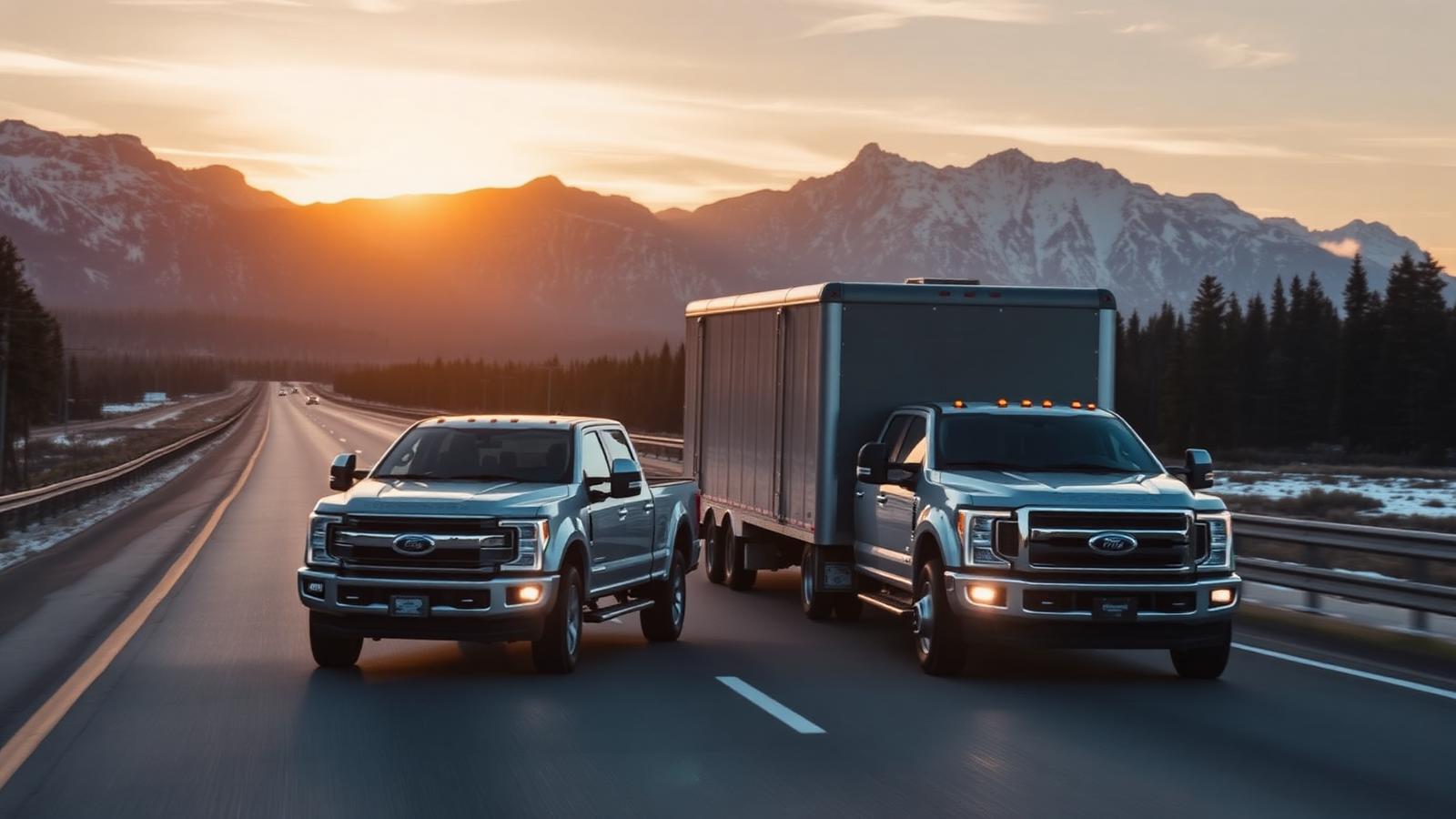 Pickup truck towing an enclosed trailer on a Canadian mountain highway